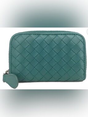 Bottega Veneta Zip Card Holder Intrecciato Teal Leather Wallet
